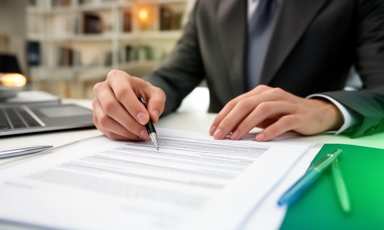 Attorney reviewing a commercial contract with highlighted clauses in a bright New York office