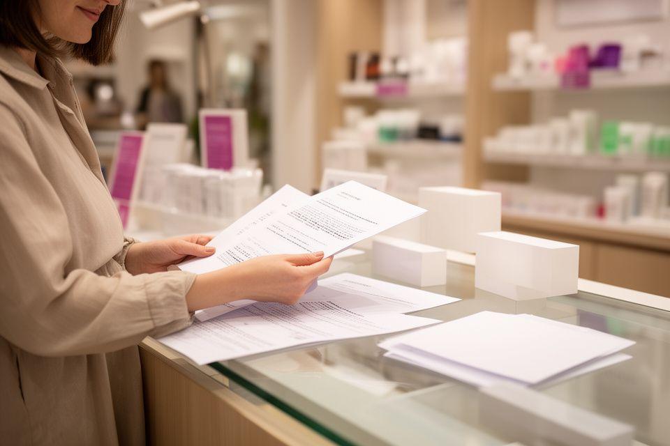 Soho boutique owner at a modern counter reviewing supplier invoices and contract notes