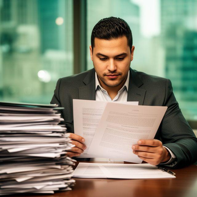 Eli Santos reviewing a retail lease draft beside stacked files in a Manhattan meeting room