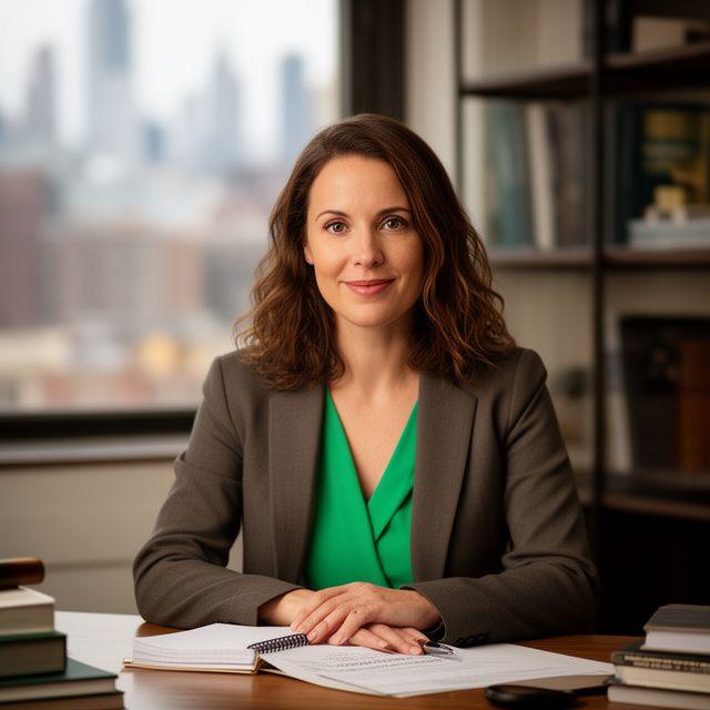 Mara Kessler in a Brooklyn office with a notepad and city skyline behind her