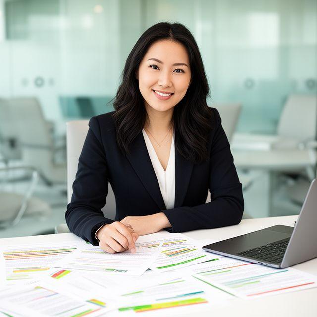 Nadia Chen in a modern conference space with annotated contract pages and a laptop