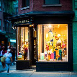 Williamsburg boutique storefront with bright window displays on a busy street corner